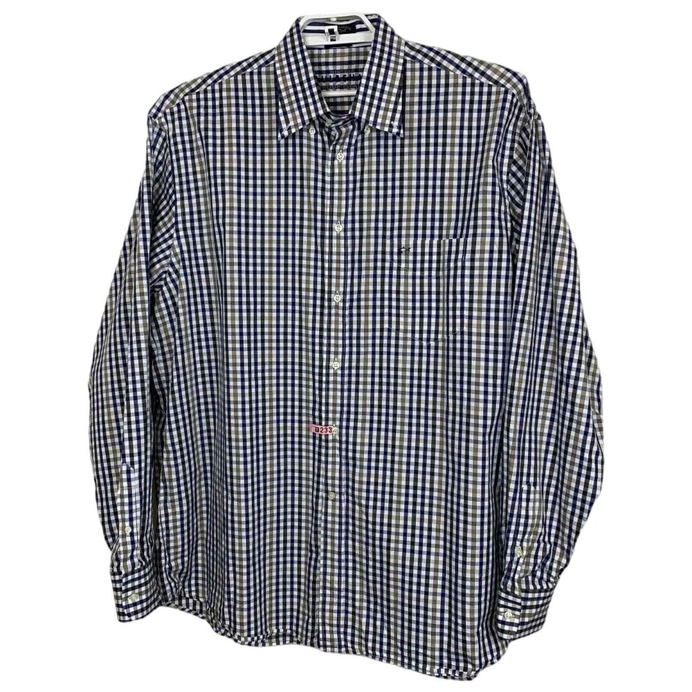Paul & Shark Yachting Club Mens Sz 46 XXL Gingham Plaid Blue Tan L/S Button Down